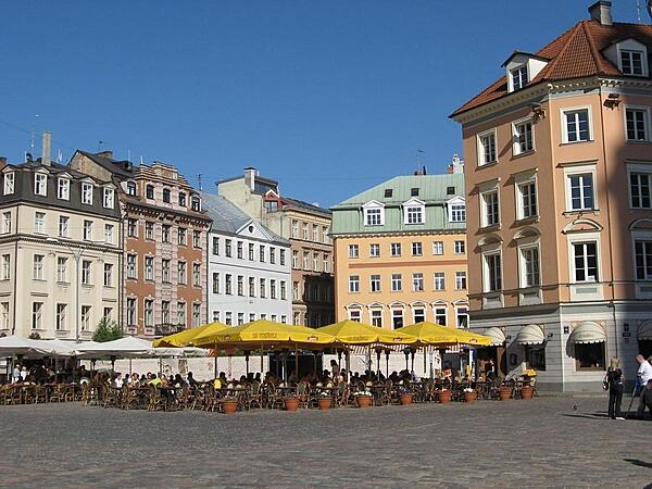 This outdoor cafe is in Dome Square, the heart of old Riga. The square is named after the Riga Dome Cathedral situated next to it.