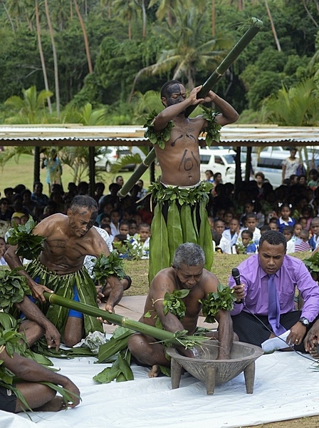 Fijian tribal elders on Vanua Levu perform a kava ceremony on 17 June 2015 for the crew of the hospital ship USNS Mercy (T-AH 19) during Pacific Partnership 2015. US and Fijian engineers worked together to build a new classroom at the Viani Primary School and celebrated with a ribbon cutting ceremony. Pacific Partnership is the largest annual multilateral humanitarian assistance and disaster relief preparedness mission conducted in the Indo-Asia-Pacific region. Photo courtesy of the US Navy/ Mass Communication Specialist 3rd Class Mayra A. Conde.