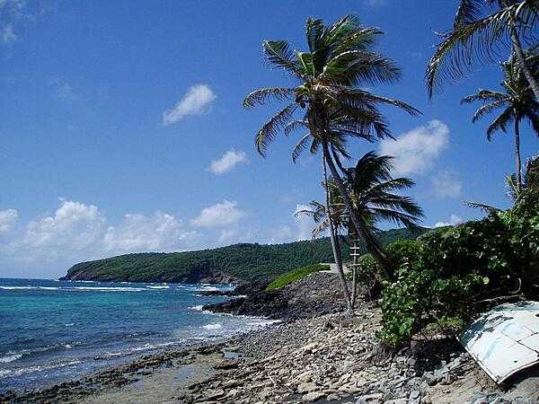 The beach on Bequia, one of the larger islands of the Grenadines of Saint Vincent. The object at the lower right is space junk, a piece of a European rocket booster that washed up on the beach.