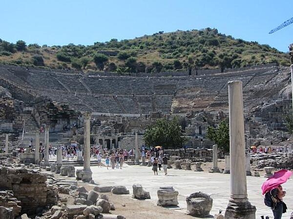 The Great Theater in Ephesus was based on an original Greek structure. In the Roman period, it was expanded under the reigns of Domitian (A.D. 81 to 96) and Trajan (98 to 117). One estimate gives the theater&apos;s capacity as 44,000 spectators and as such it would have been the largest in the ancient world. While generally used for theatrical performances and public assemblies, it was also used for gladiatorial contests in the later imperial period.