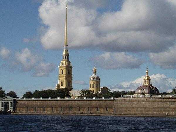 The Peter and Paul Fortress in St. Petersburg, Russia, was built between 1706 and 1740 and surrounds the Saints Peter and Paul Cathedral (completed 1733), which houses the remains of almost all members of the Russian imperial family.