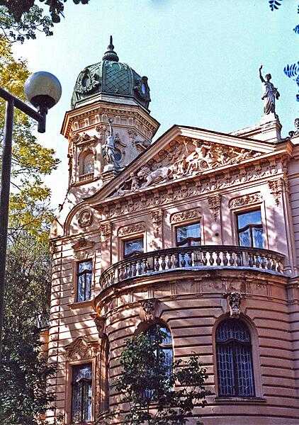 The ornate Neo-Baroque decorations of the National Museum in Lviv, Ukraine.