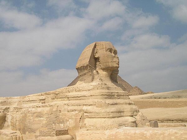 The Great Sphinx, a reclining lion with a human head, is the oldest known monumental sculpture in the world and is believed to have been carved around 2500 B.C. from a single mass of limestone