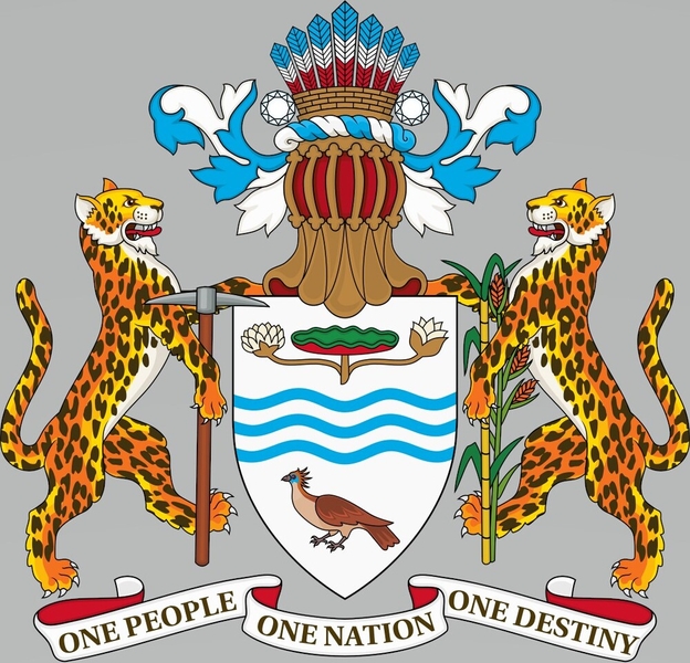 Guyana’s coat of arms was adopted in 1966, the year of the country’s independence from the United Kingdom. The jaguars signify strength and resilience, with one holding a pickaxe that stands for labor and the other holding stalks of rice and sugarcane for agriculture. Two national symbols, the Canje pheasant and the Victorian lily, are on the shield, with the national motto underneath. Three wavy blue lines stand for the Essequibo, Demerara, and Berbice rivers, the headdress for the country’s ethnic groups, and the diamonds for the mining industry. The helmet is a symbol of past UK rule in Guyana.