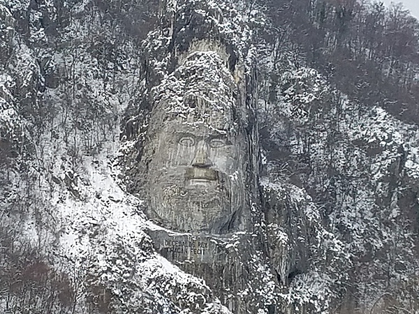 Rock carving, on the Romanian side of the Danube River, depicting the Dacian King Decebalus (r. A.D. 87-106), who fought the Romans in the early 2nd century but was ultimately defeated. He is considered a Romanian national hero. The carving, made between 1994 and 2004, is 42.9 m (141 ft) tall and 31.6 m (104 ft) wide and is the tallest rock relief in Europe.