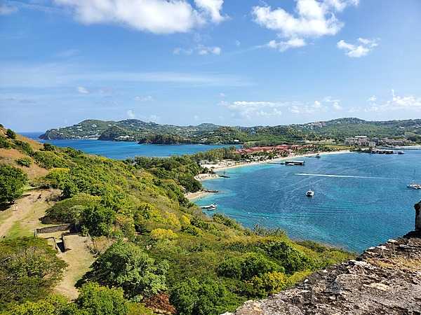 View from Fort Rodney on Pigeon Island, Santa Lucia, showing Rodney Bay and the causeway from the island to the mainland.