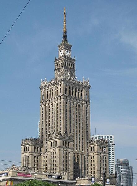 The Palace of Culture and Science in Warsaw, the tallest building in Poland,  is 231 m (757 ft) tall, including a 43 m spire. The Soviet Union built it between 1952 and 1955 as a gift to Poland, and it was considered a symbol of Soviet domination during the Cold War. The building currently serves as an exhibition center and office complex.