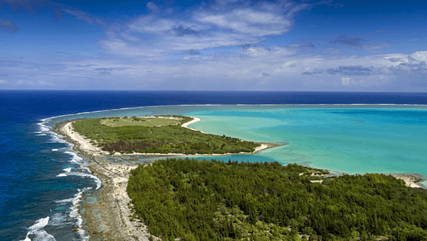 An aerial view of Wilkes Island, one of the three islands making up Wake Atoll. Located on the west side of the atoll, Wilkes Island is now home to a bird sanctuary of approximately 12 different species of both sea and shore birds and about 40,000 birds total. This conservation effort is a joint project between the US Air Force and the US Fish and Wildlife Service of the Department of the Interior. Photo courtesy of the US Air Force.