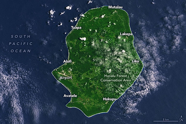A view of the New Zealand island dependency of Niue with seven of the island's 14 villages labeled. Image courtesy of NASA.