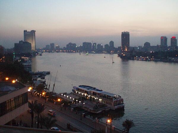 The Nile River in Cairo at dusk.