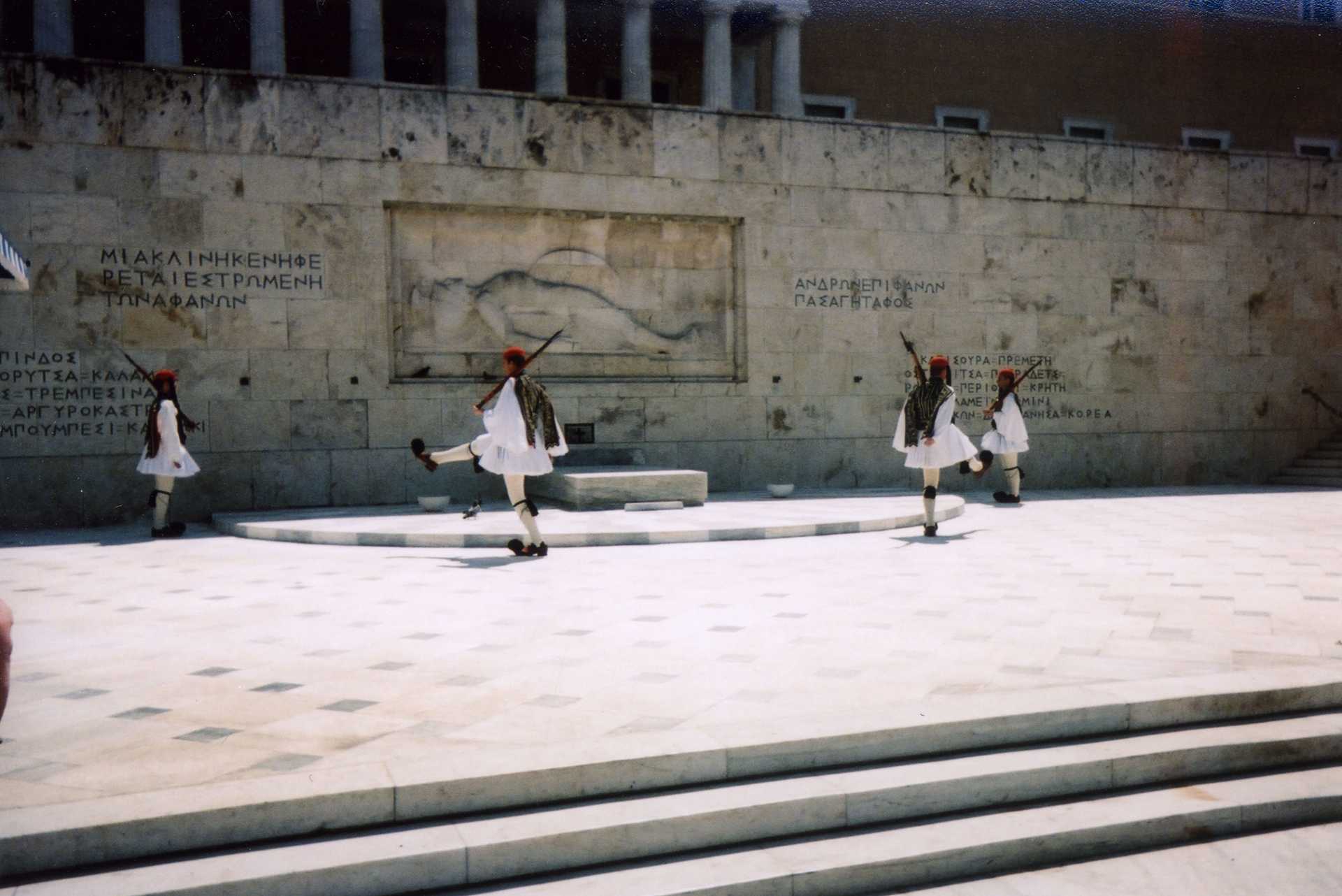 The elaborate Changing of the Presidential Guard ceremony at the Monument to the Unknown Soldier in Syntagma (Constitution) Square in Athens, Greece.