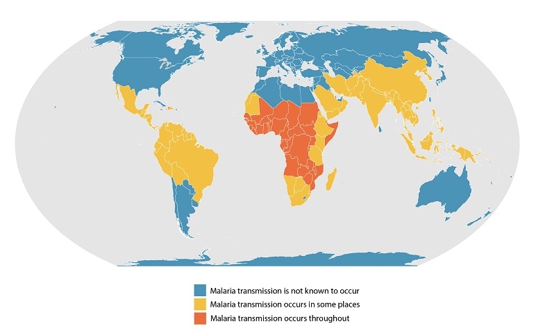 Map showing an approximation of the parts of the world where malaria transmission occurs