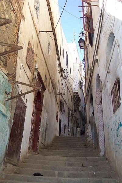 The modern city of Algiers lies near the Mediterranean coast, while the older city is on a steep hill crowned by the Casbah, or Citadel. This view is of a typical Casbah stairway.