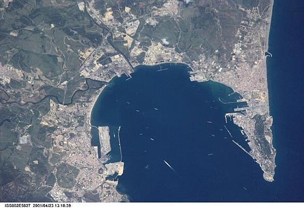 Algeciras, Spain (left), the Bay of Gibraltar (Bahia de Algecira), and Gibraltar itself (right) are featured in this detailed vertical view over the European side of the Strait of Gibraltar. Ship traffic in the bay can easily be seen. Image courtesy of NASA.