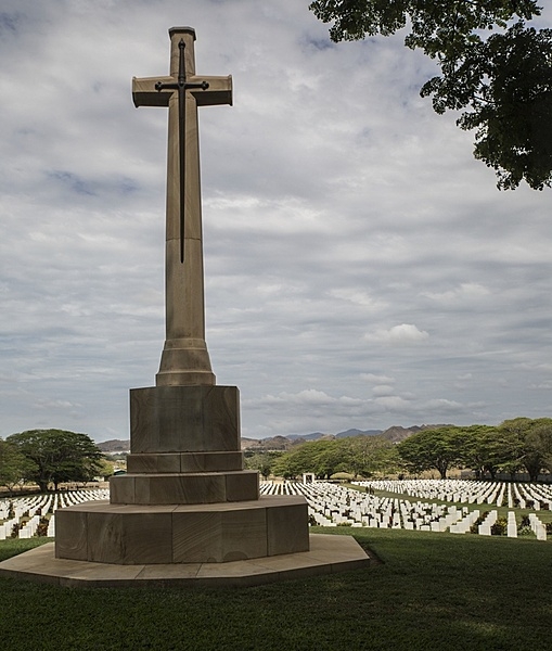 A view of the Cross of Sacrifice at the Bomana War Cemetery near Port Moresby, Papua New Guinea. The cemetery is the final resting place of more than 3,800 Allied service members -- Australian and Papuan -- who fought to prevent the Japanese Empire from taking Papua New Guinea in World War II. Photo courtesy of the US Marine Corps/ Cpl. William Hester.