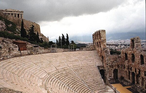 The Odeon of Herodes Atticus (also called the Herodeion or Herodion), is  Roman theater located on the southwest slope of the Acropolis in Athens, Greece. The building was completed in A.D. 161 and then renovated in the 20th century. The theater, with a seating capacity of 5,000, still serves as a venue for concerts.