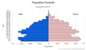 This is the population pyramid for Kazakhstan. A population pyramid illustrates the age and sex structure of a country's population and may provide insights about political and social stability, as well as economic development. The population is distributed along the horizontal axis, with males shown on the left and females on the right. The male and female populations are broken down into 5-year age groups represented as horizontal bars along the vertical axis, with the youngest age groups at the bottom and the oldest at the top. The shape of the population pyramid gradually evolves over time based on fertility, mortality, and international migration trends. <br/><br/>For additional information, please see the entry for Population pyramid on the Definitions and Notes page.