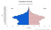 This is the population pyramid for Turks and Caicos Islands. A population pyramid illustrates the age and sex structure of a country's population and may provide insights about political and social stability, as well as economic development. The population is distributed along the horizontal axis, with males shown on the left and females on the right. The male and female populations are broken down into 5-year age groups represented as horizontal bars along the vertical axis, with the youngest age groups at the bottom and the oldest at the top. The shape of the population pyramid gradually evolves over time based on fertility, mortality, and international migration trends. <br/><br/>For additional information, please see the entry for Population pyramid on the Definitions and Notes page.