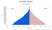 This is the population pyramid for Pakistan. A population pyramid illustrates the age and sex structure of a country's population and may provide insights about political and social stability, as well as economic development. The population is distributed along the horizontal axis, with males shown on the left and females on the right. The male and female populations are broken down into 5-year age groups represented as horizontal bars along the vertical axis, with the youngest age groups at the bottom and the oldest at the top. The shape of the population pyramid gradually evolves over time based on fertility, mortality, and international migration trends. <br/><br/>For additional information, please see the entry for Population pyramid on the Definitions and Notes page.