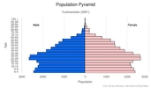 This is the population pyramid for Turkmenistan. A population pyramid illustrates the age and sex structure of a country's population and may provide insights about political and social stability, as well as economic development. The population is distributed along the horizontal axis, with males shown on the left and females on the right. The male and female populations are broken down into 5-year age groups represented as horizontal bars along the vertical axis, with the youngest age groups at the bottom and the oldest at the top. The shape of the population pyramid gradually evolves over time based on fertility, mortality, and international migration trends. <br/><br/>For additional information, please see the entry for Population pyramid on the Definitions and Notes page.